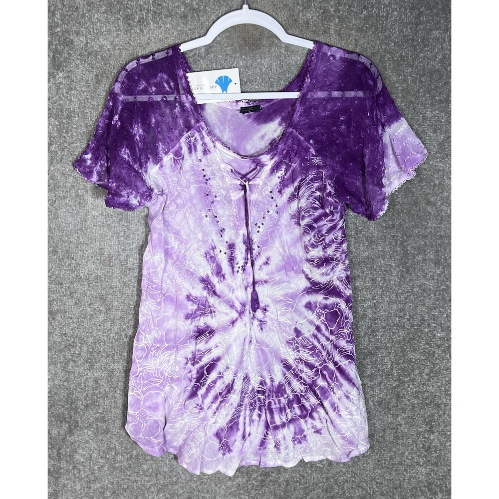 Advance Apparel Tie Dye Floral Semi Sheer Sleeve Top Womens One Size Purple New